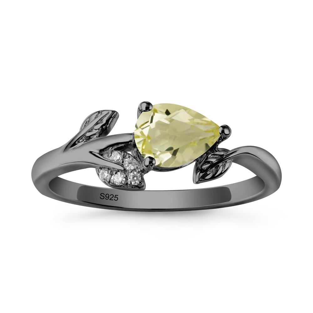 Pear Shaped Lemon Quartz Leaf Ring - LUO Jewelry #metal_black finish sterling silver