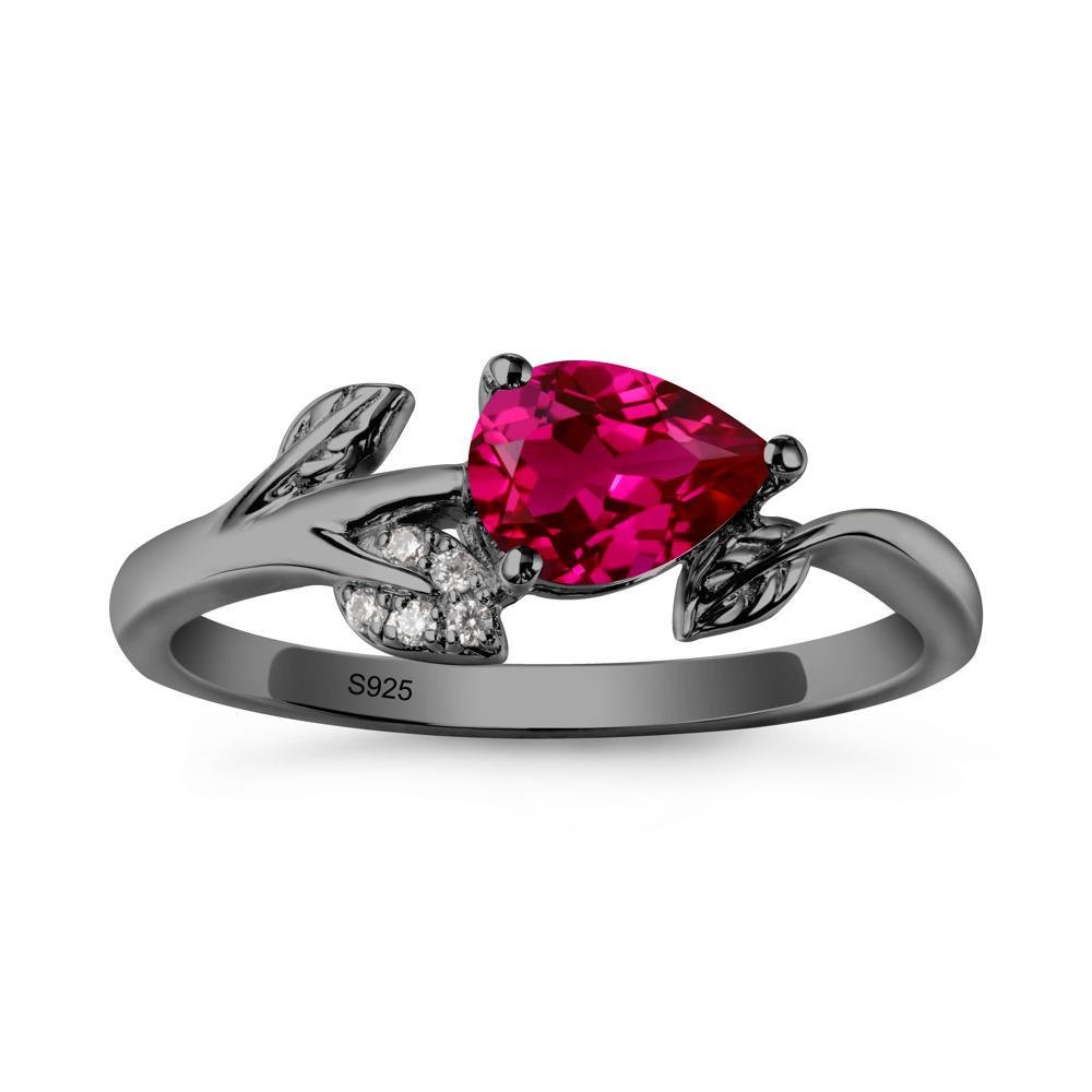 Pear Shaped Ruby Leaf Ring - LUO Jewelry #metal_black finish sterling silver