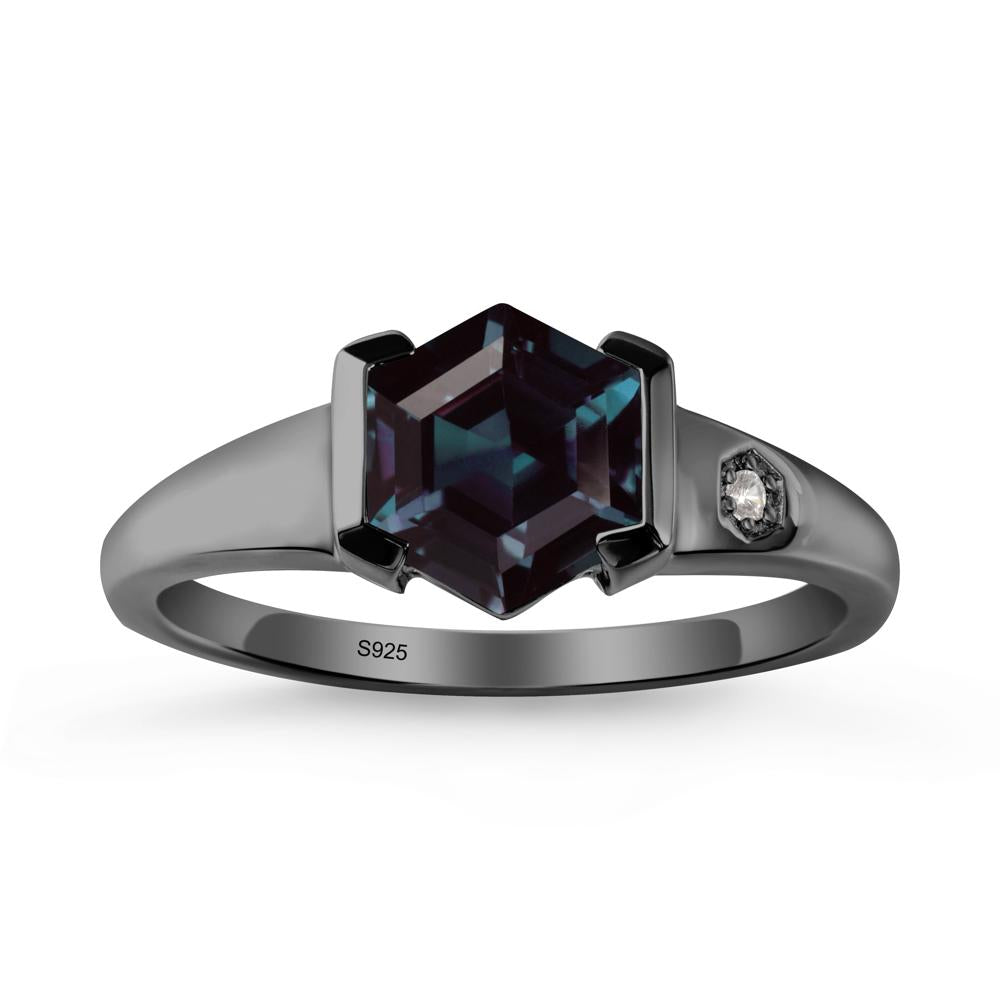 Hexagonal Alexandrite Ring with Half-Bezel Setting - LUO Jewelry #metal_black finish sterling silver