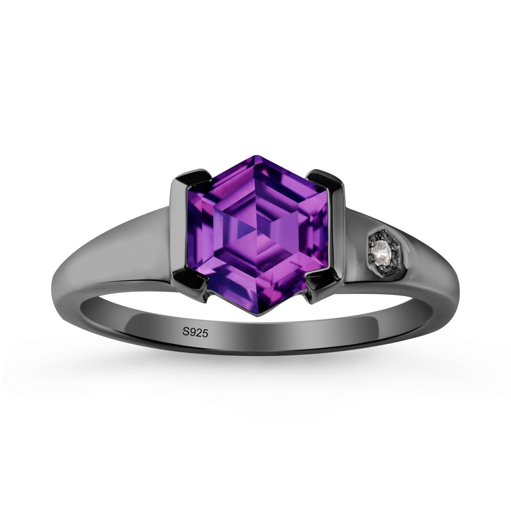 Half-Bezel Hexagonal Amethyst Ring - LUO Jewelry #metal_black finish sterling silver