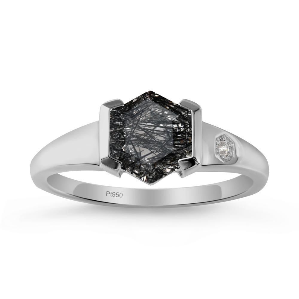 Half-Bezel Hexagonal Black Rutilated Quartz Ring - LUO Jewelry #metal_platinum