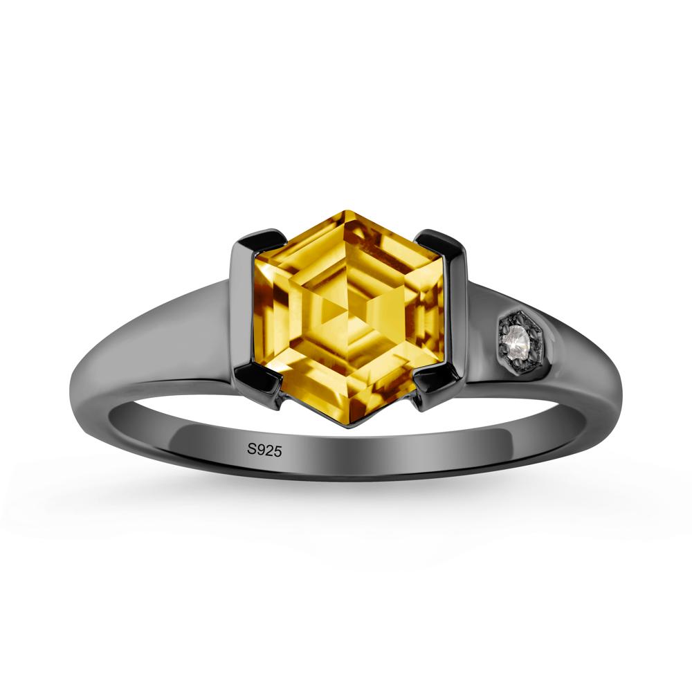 Hexagonal Citrine Ring with Half-Bezel Setting - LUO Jewelry #metal_black finish sterling silver