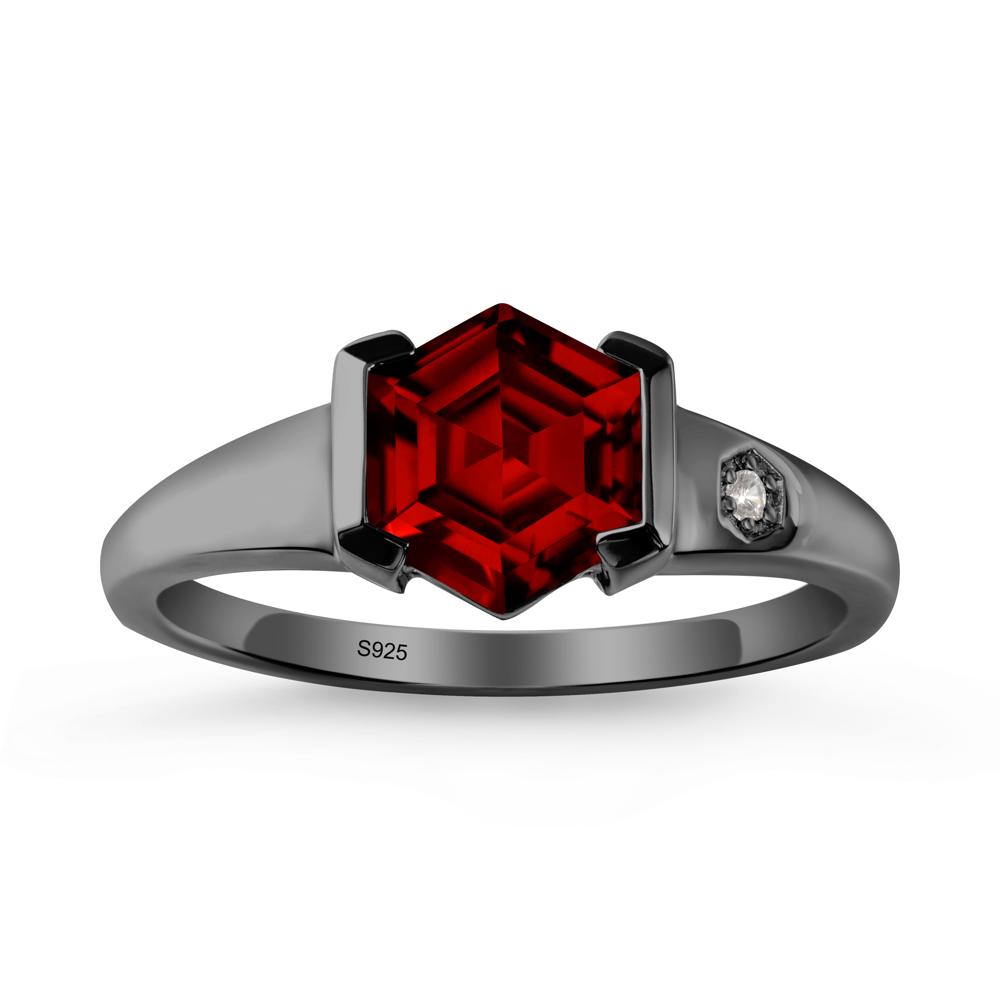 Hexagonal Garnet Ring with Half-Bezel Setting - LUO Jewelry #metal_black finish sterling silver