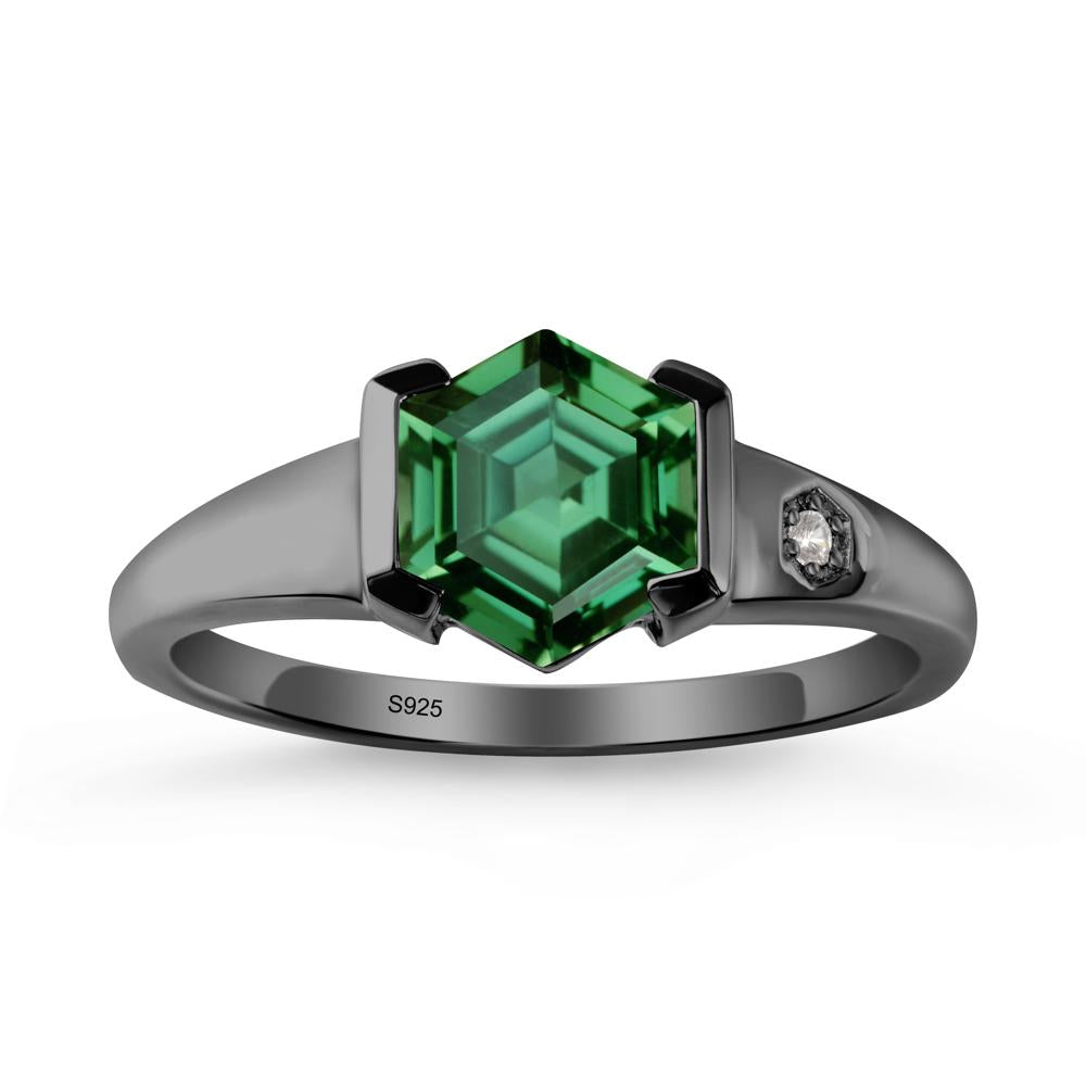 Half-Bezel Hexagonal Green Sapphire Ring - LUO Jewelry #metal_black finish sterling silver