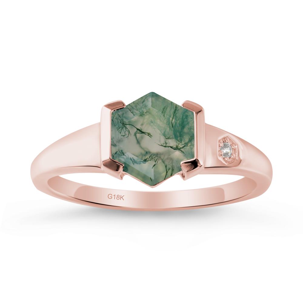 Hexagonal Moss Agate Ring with Half-Bezel Setting - LUO Jewelry #metal_18k rose gold