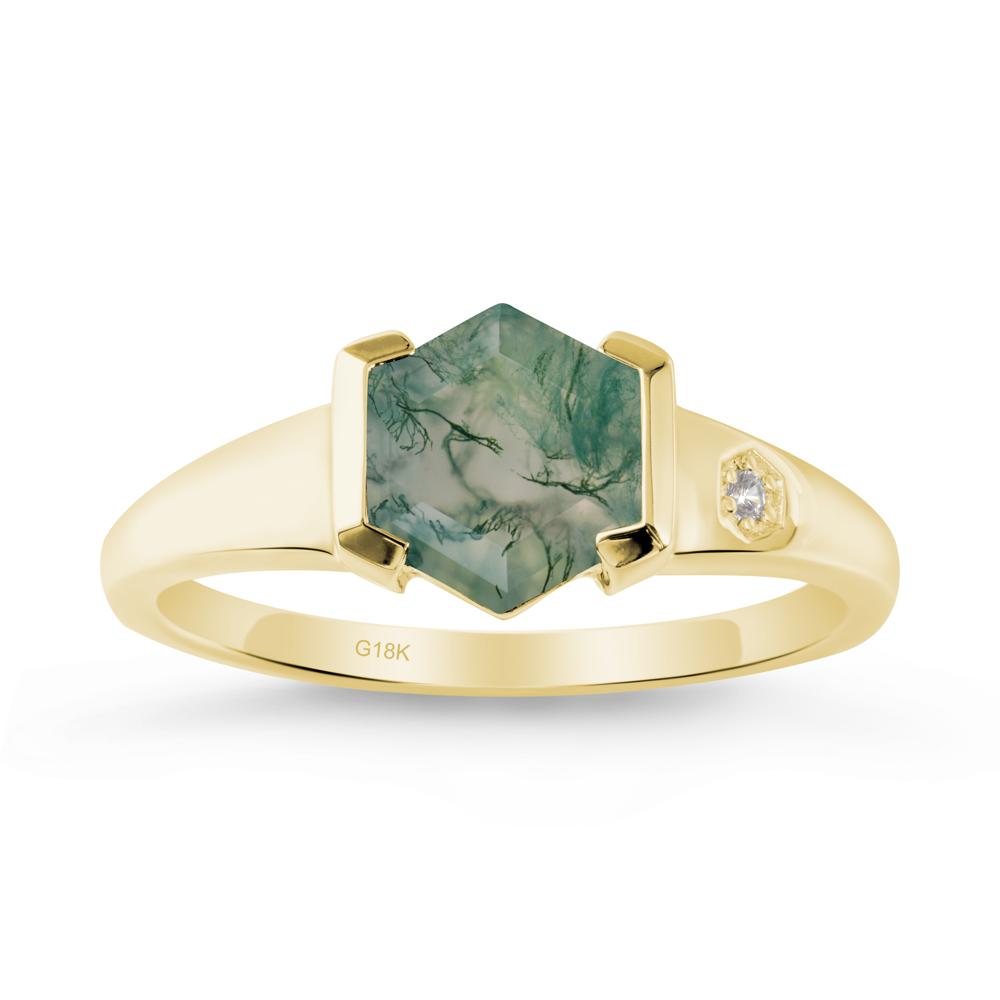 Hexagonal Moss Agate Ring with Half-Bezel Setting - LUO Jewelry #metal_18k yellow gold