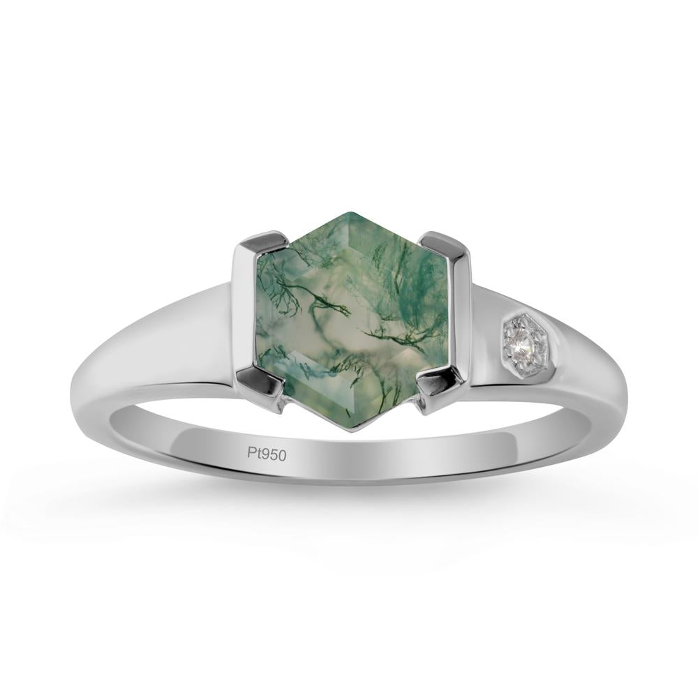 Hexagonal Moss Agate Ring with Half-Bezel Setting - LUO Jewelry #metal_platinum