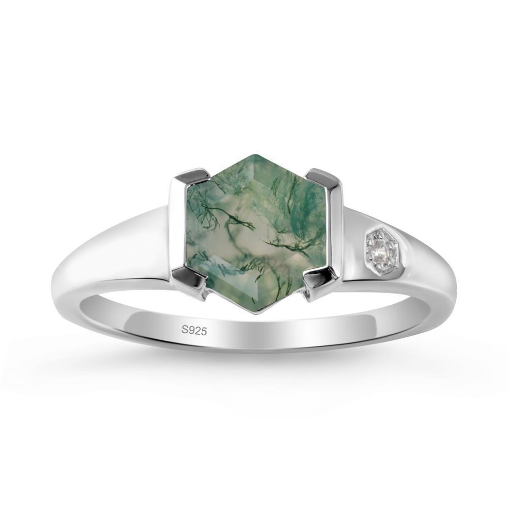 Hexagonal Moss Agate Ring with Half-Bezel Setting - LUO Jewelry #metal_sterling silver