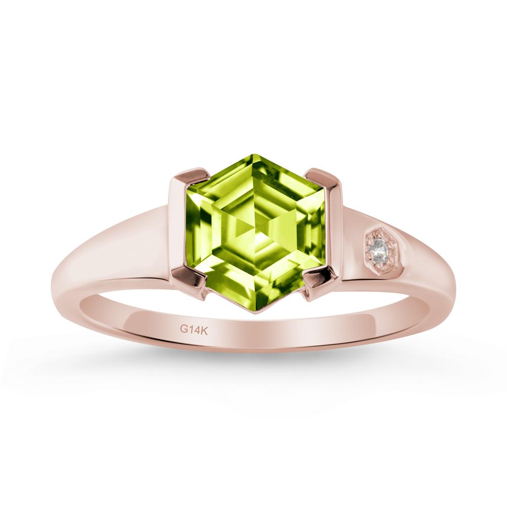Hexagonal Peridot Ring with Half-Bezel Setting - LUO Jewelry #metal_14k rose gold