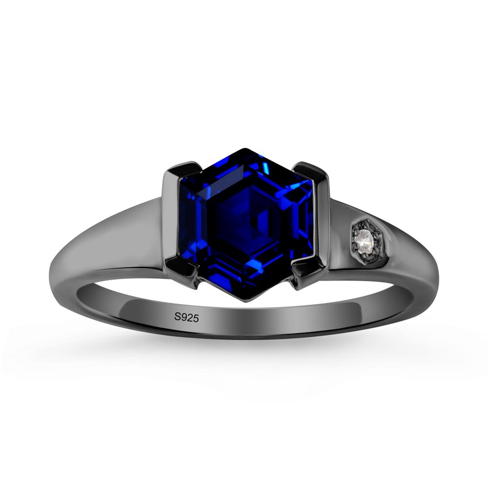 Hexagonal Sapphire Ring with Half-Bezel Setting - LUO Jewelry #metal_black finish sterling silver