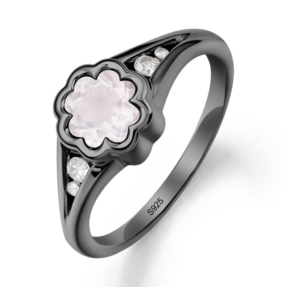 Flower Shaped Rose Quartz Ring with Bezel Setting - LUO Jewelry #metal_black finish sterling silver
