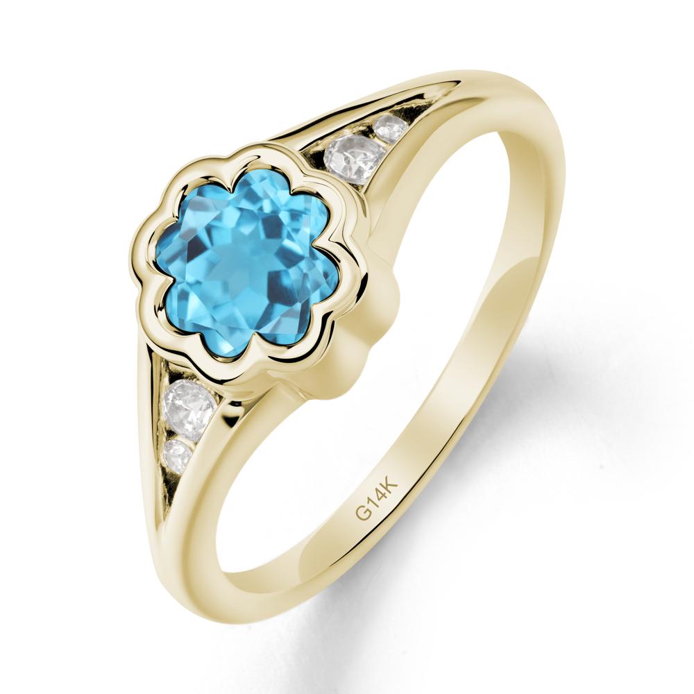 Flower Shaped Swiss Blue Topaz Ring with Bezel Setting - LUO Jewelry #metal_14k yellow gold