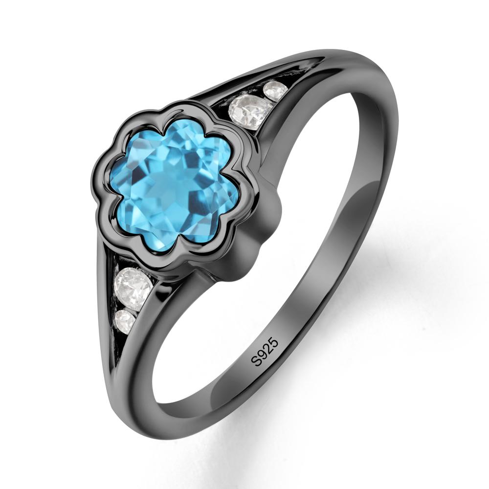 Flower Shaped Swiss Blue Topaz Ring with Bezel Setting - LUO Jewelry #metal_black finish sterling silver