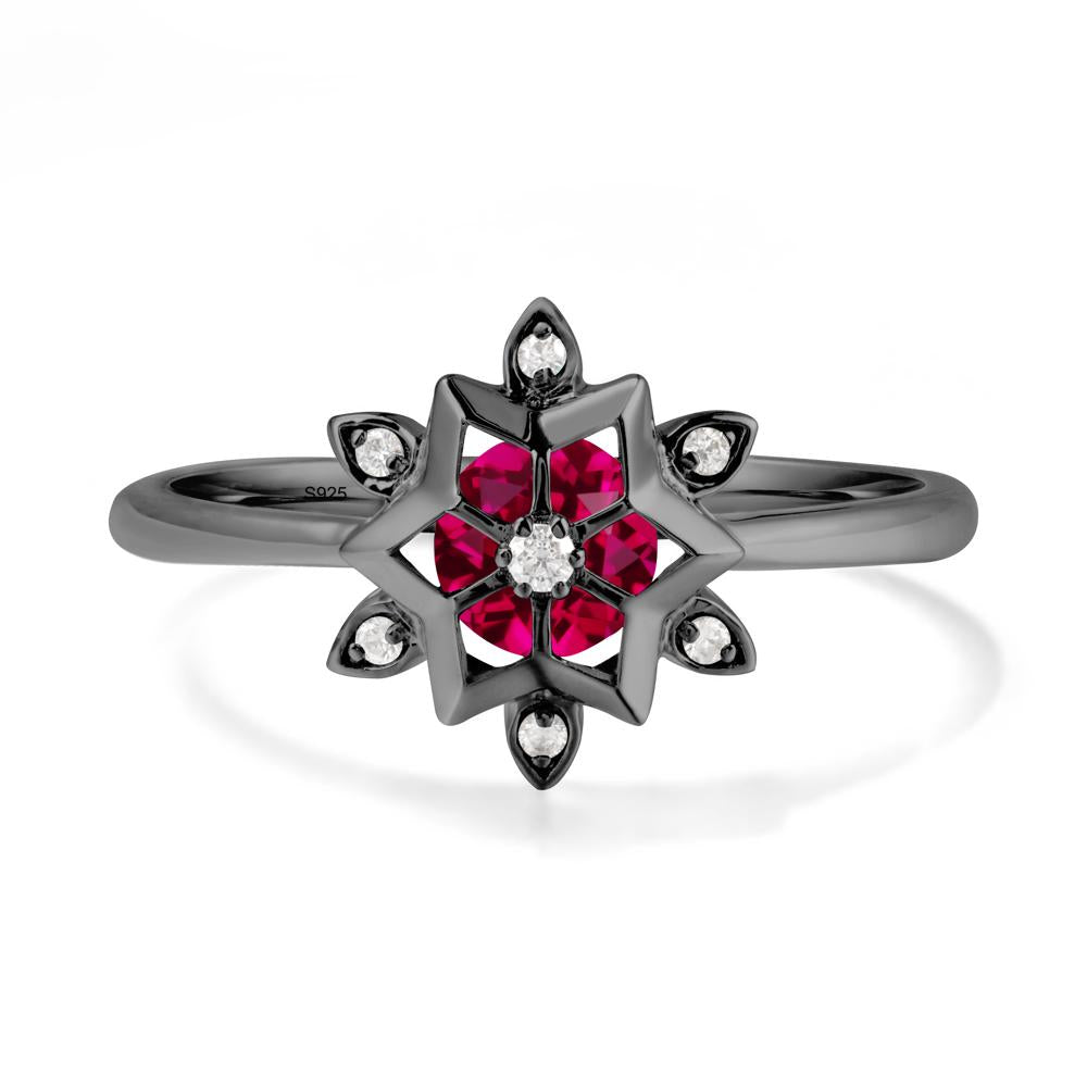 Bezel Setting Flower Ruby Ring - LUO Jewelry #metal_black finish sterling silver