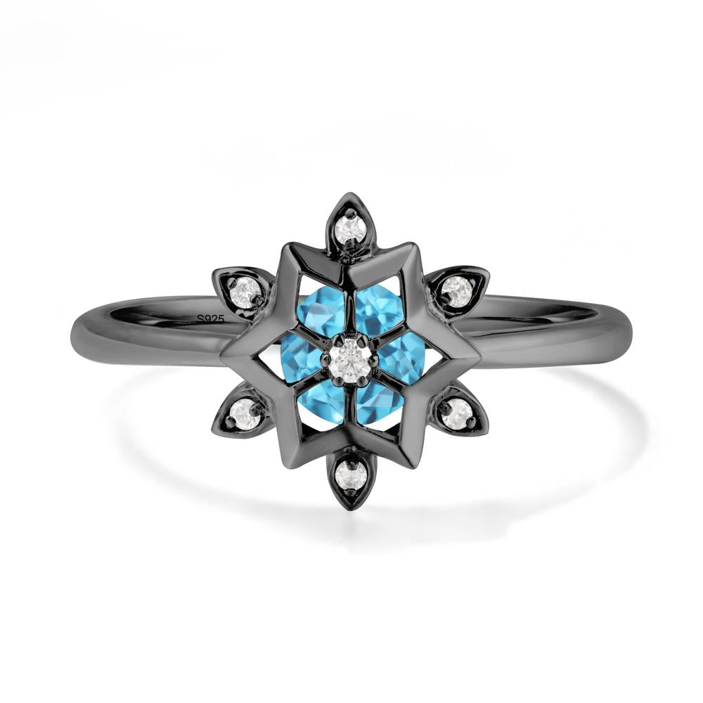 Bezel Setting Flower Swiss Blue Topaz Ring - LUO Jewelry #metal_black finish sterling silver
