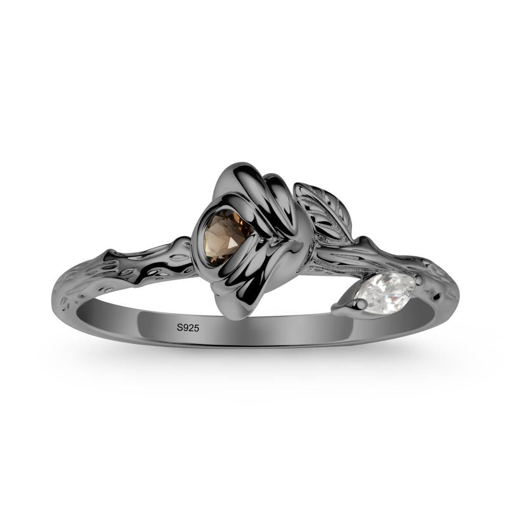 Round Smoky Quartz Rose Ring - LUO Jewelry #metal_black finish sterling silver
