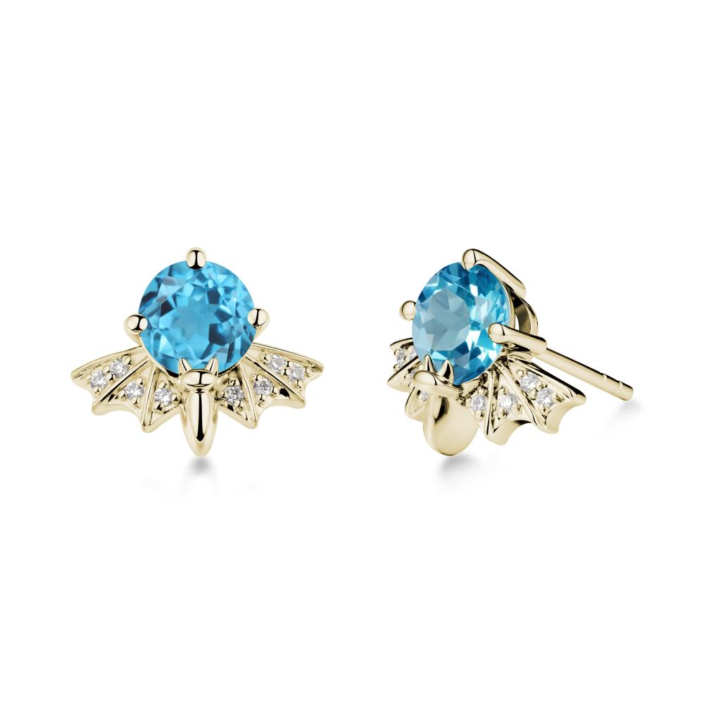 Round Cut Swiss Blue Topaz Bat Earrings - LUO Jewelry #metal_14k yellow gold