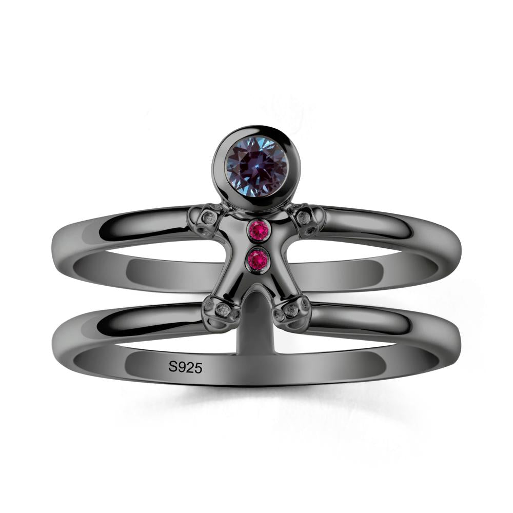 Chrismas Alexandrite and Ruby Ring-Gingerbread Man - LUO Jewelry #metal_black finish sterling silver