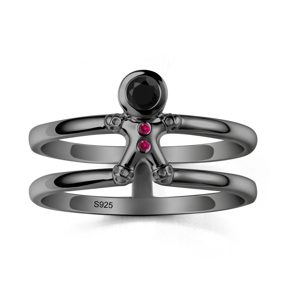 Chrismas Black Spinel and Ruby Ring-Gingerbread Man - LUO Jewelry #metal_black finish sterling silver