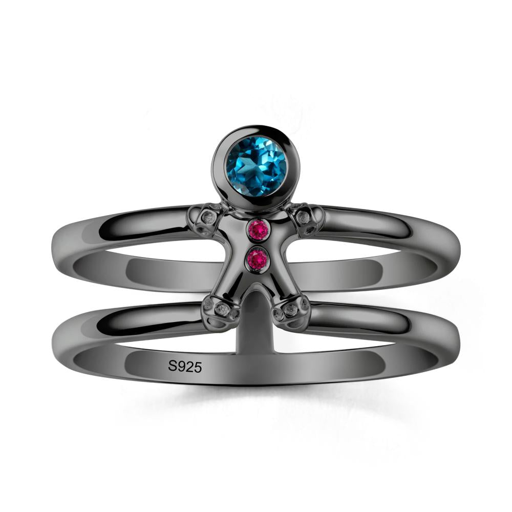 Bezel Setting Round London Blue Topaz and Ruby Ring - LUO Jewelry #metal_black finish sterling silver