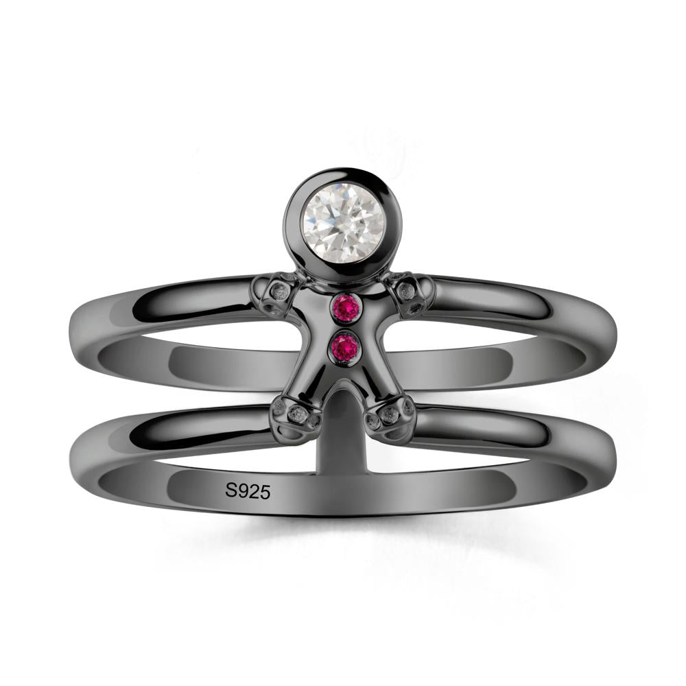 Chrismas Moissanite and Ruby Ring-Gingerbread Man - LUO Jewelry #metal_black finish sterling silver