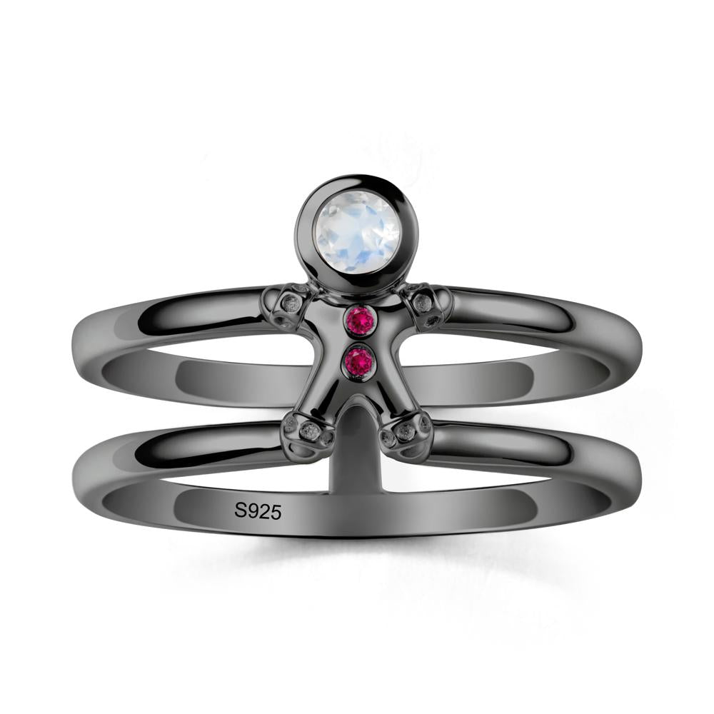 Double Band Round Moonstone and Ruby Ring - LUO Jewelry #metal_black finish sterling silver