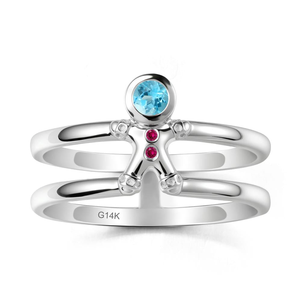 Chrismas Swiss Blue Topaz and Ruby Ring-Gingerbread Man - LUO Jewelry #metal_14k white gold