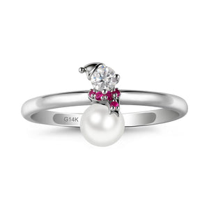 Snowman Inspired Pearl and Ruby Ring - LUO Jewelry #metal_14k white gold