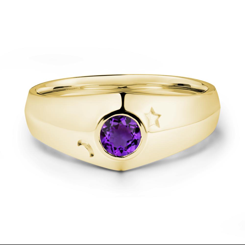 Crescent Moon and Star Bezel Set Amethyst Man Ring - LUO Jewelry #metal_18k yellow gold