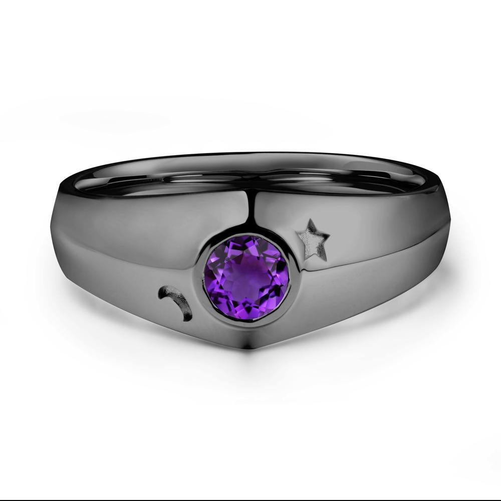 Crescent Moon and Star Bezel Set Amethyst Man Ring - LUO Jewelry #metal_black finish sterling silver