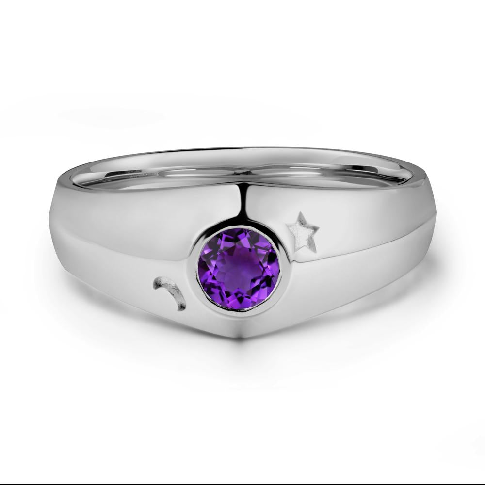 Crescent Moon and Star Bezel Set Amethyst Man Ring - LUO Jewelry #metal_platinum