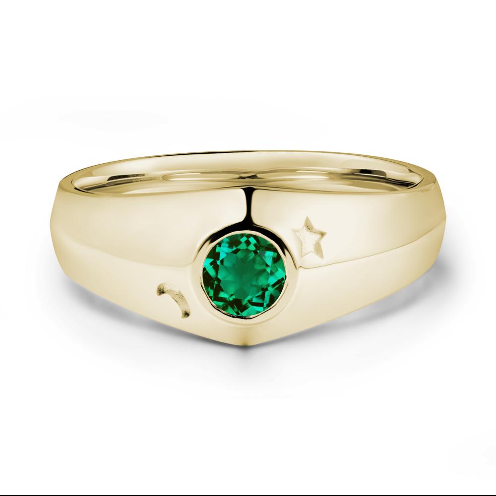 Crescent Moon and Star Bezel Set Emerald Man Ring - LUO Jewelry #metal_14k yellow gold