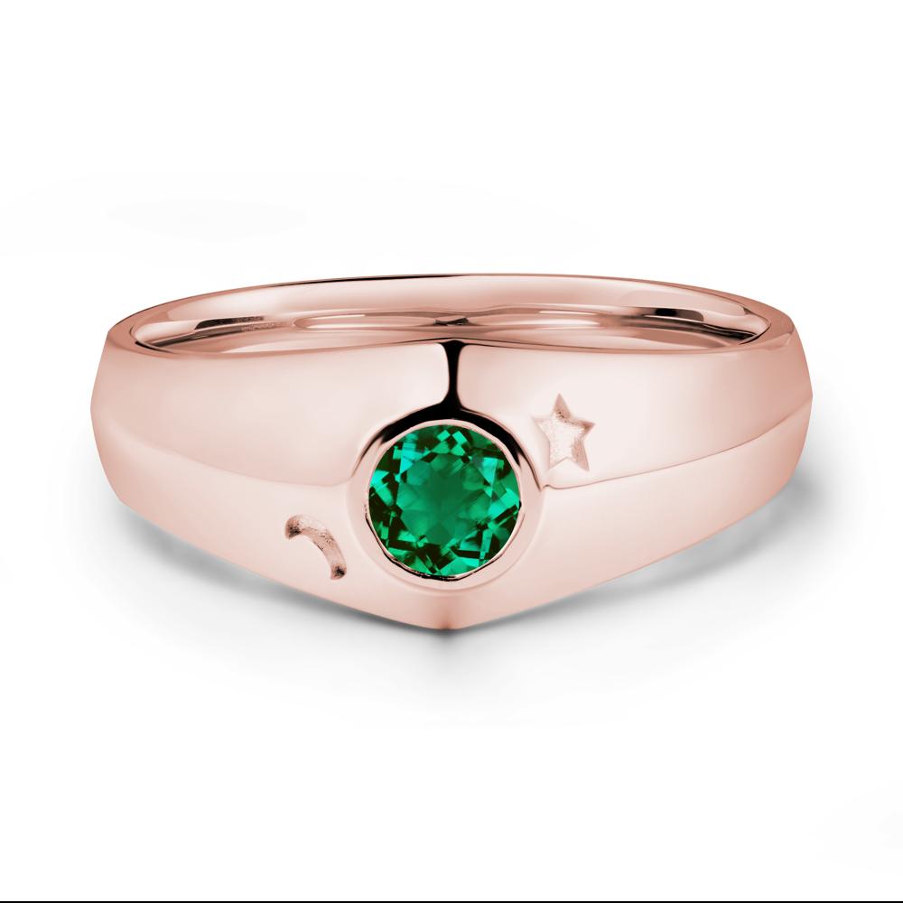 Crescent Moon and Star Bezel Set Emerald Man Ring - LUO Jewelry #metal_18k rose gold