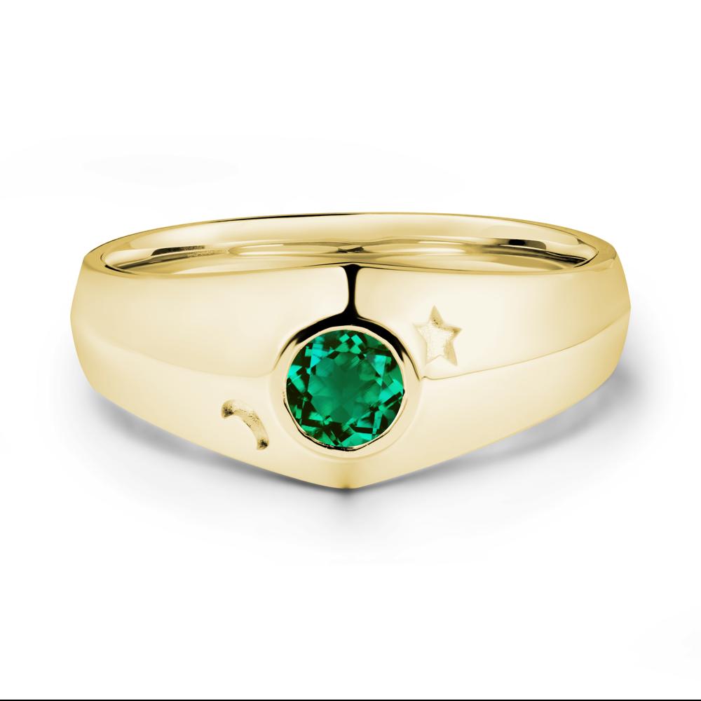 Crescent Moon and Star Bezel Set Emerald Man Ring - LUO Jewelry #metal_18k yellow gold