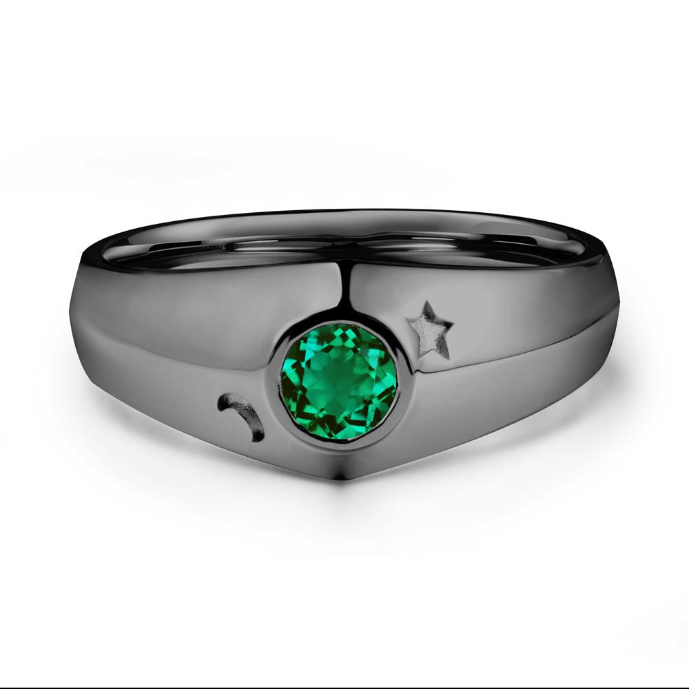 Crescent Moon and Star Bezel Set Emerald Man Ring - LUO Jewelry #metal_black finish sterling silver