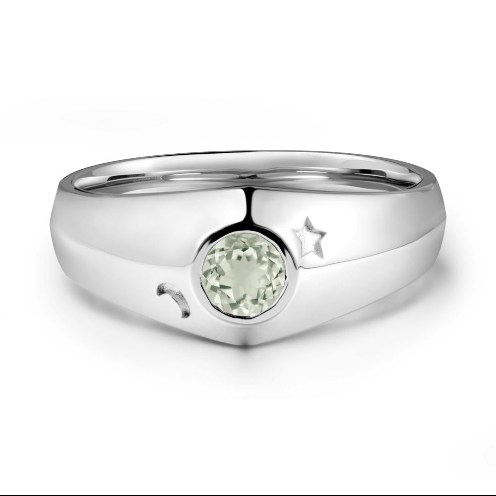 Bezel Setting Round Green Amethyst Man Ring - LUO Jewelry #metal_14k white gold