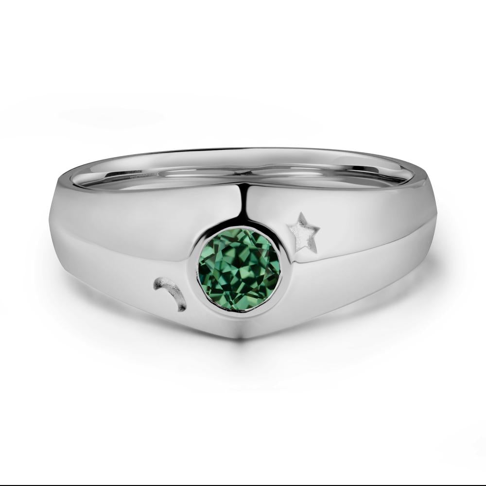 Crescent Moon and Star Bezel Set Green Sapphire Man Ring - LUO Jewelry #metal_platinum