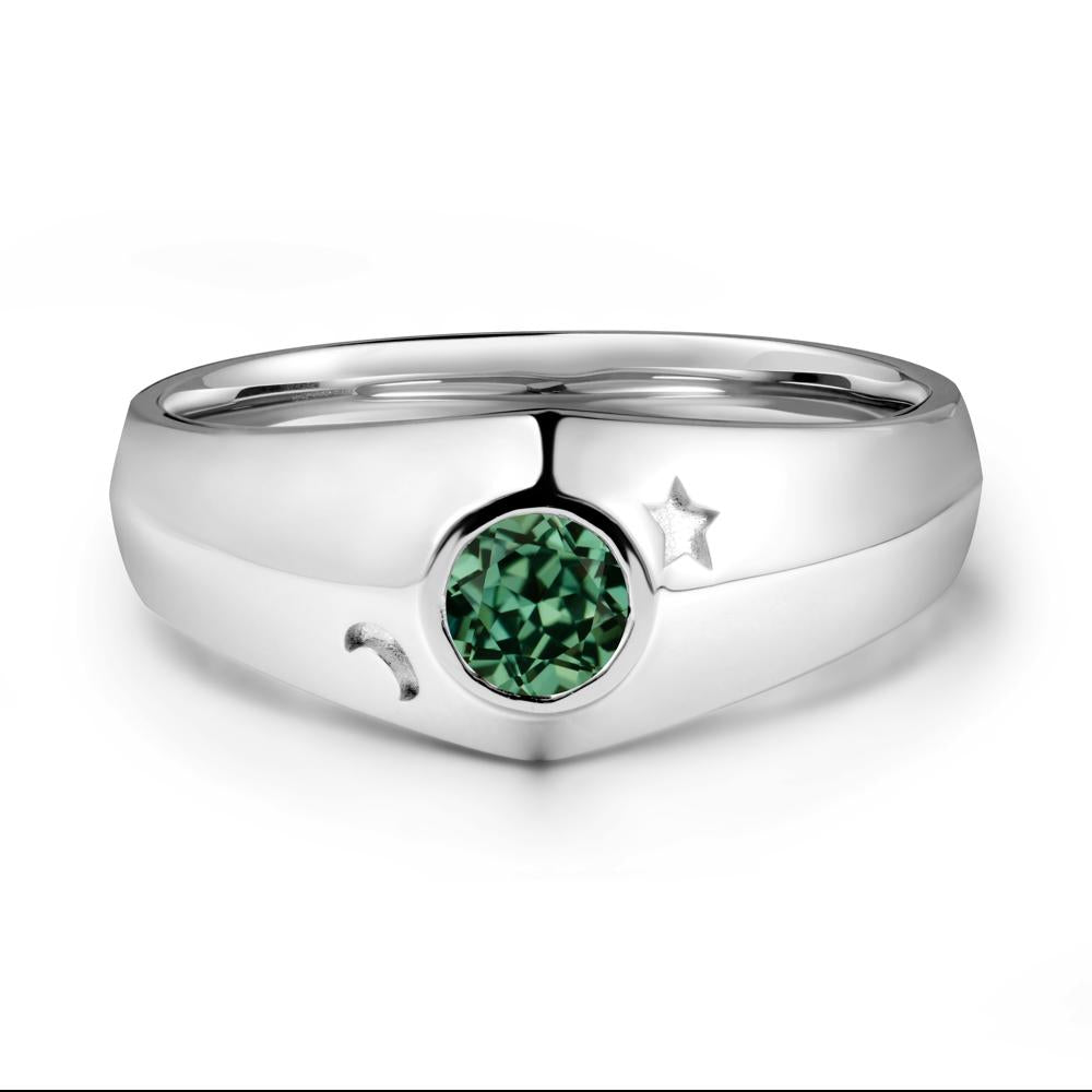 Crescent Moon and Star Bezel Set Green Sapphire Man Ring - LUO Jewelry #metal_sterling silver