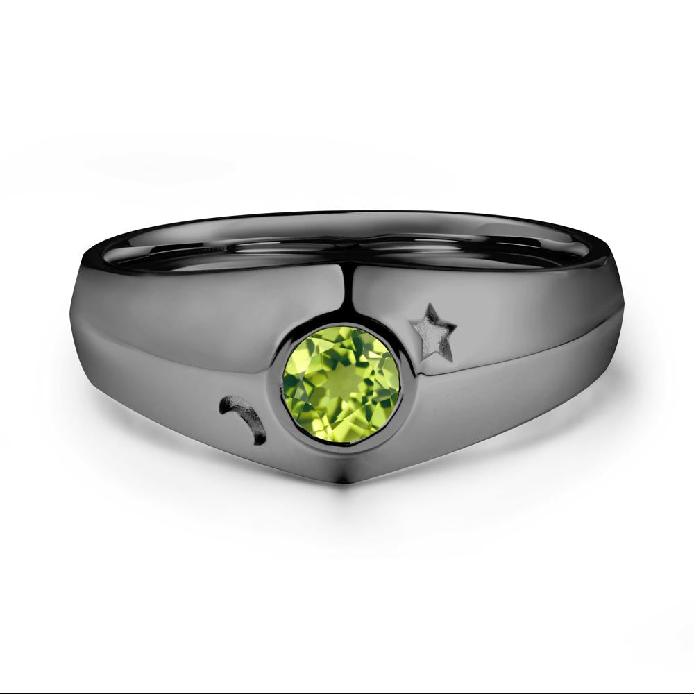 Crescent Moon and Star Bezel Set Peridot Man Ring - LUO Jewelry #metal_black finish sterling silver