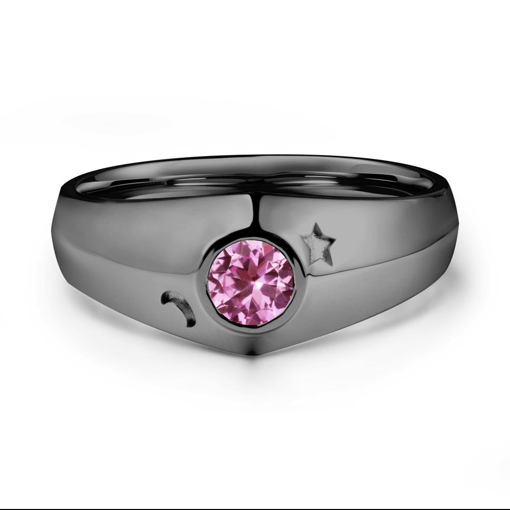 Bezel Setting Round Pink Sapphire Man Ring - LUO Jewelry #metal_black finish sterling silver