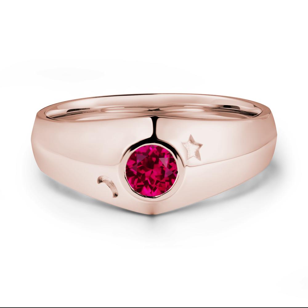Crescent Moon and Star Bezel Set Ruby Man Ring - LUO Jewelry #metal_14k rose gold