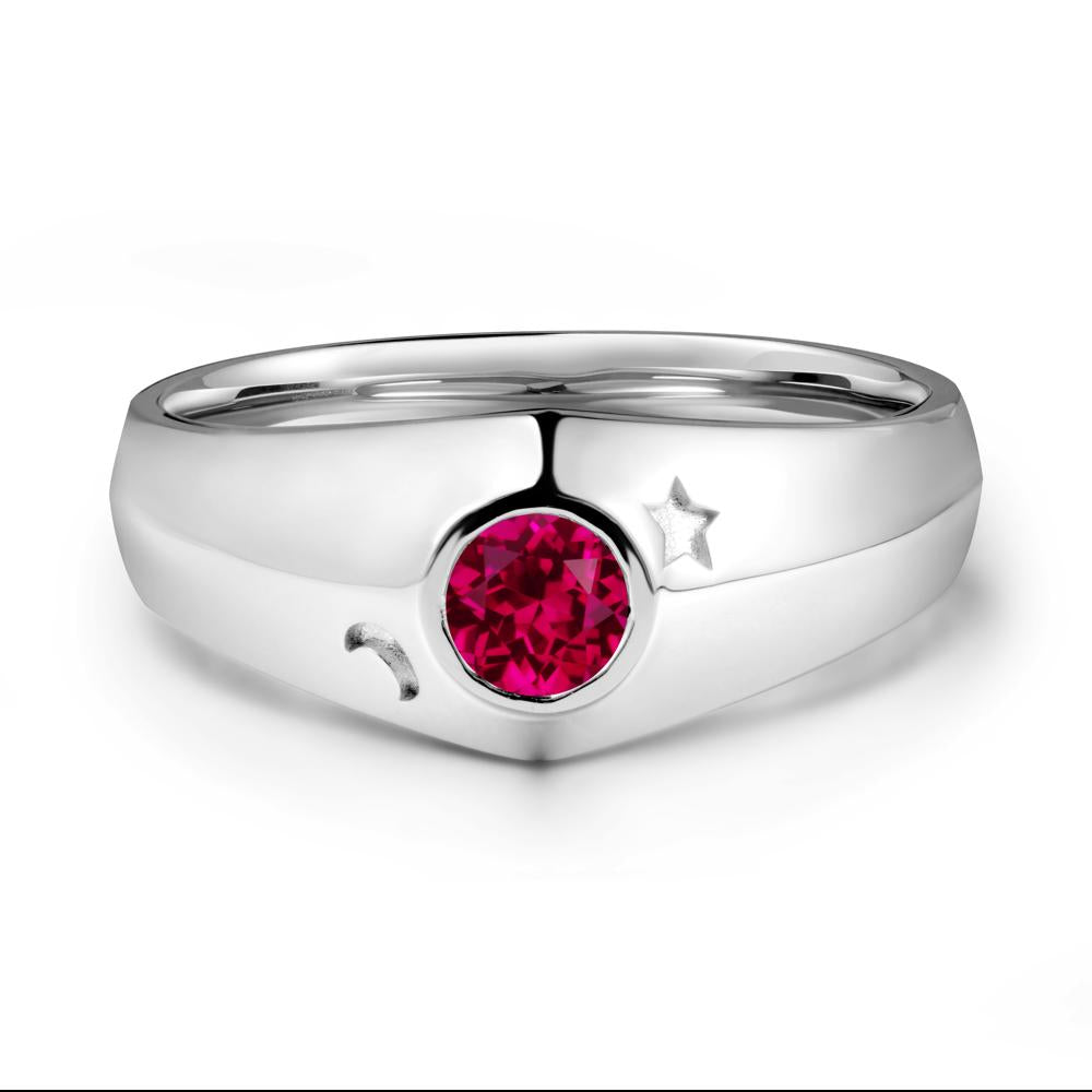 Crescent Moon and Star Bezel Set Ruby Man Ring - LUO Jewelry #metal_14k white gold