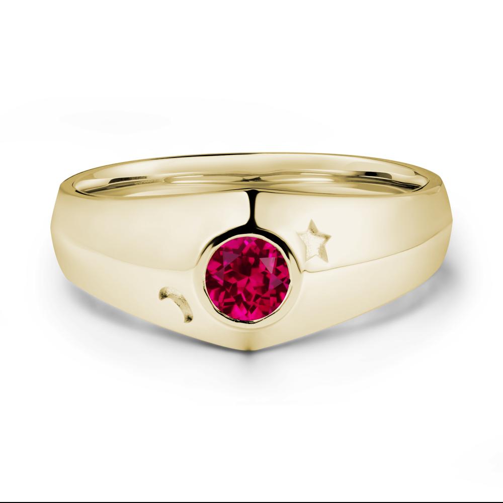 Crescent Moon and Star Bezel Set Ruby Man Ring - LUO Jewelry #metal_14k yellow gold