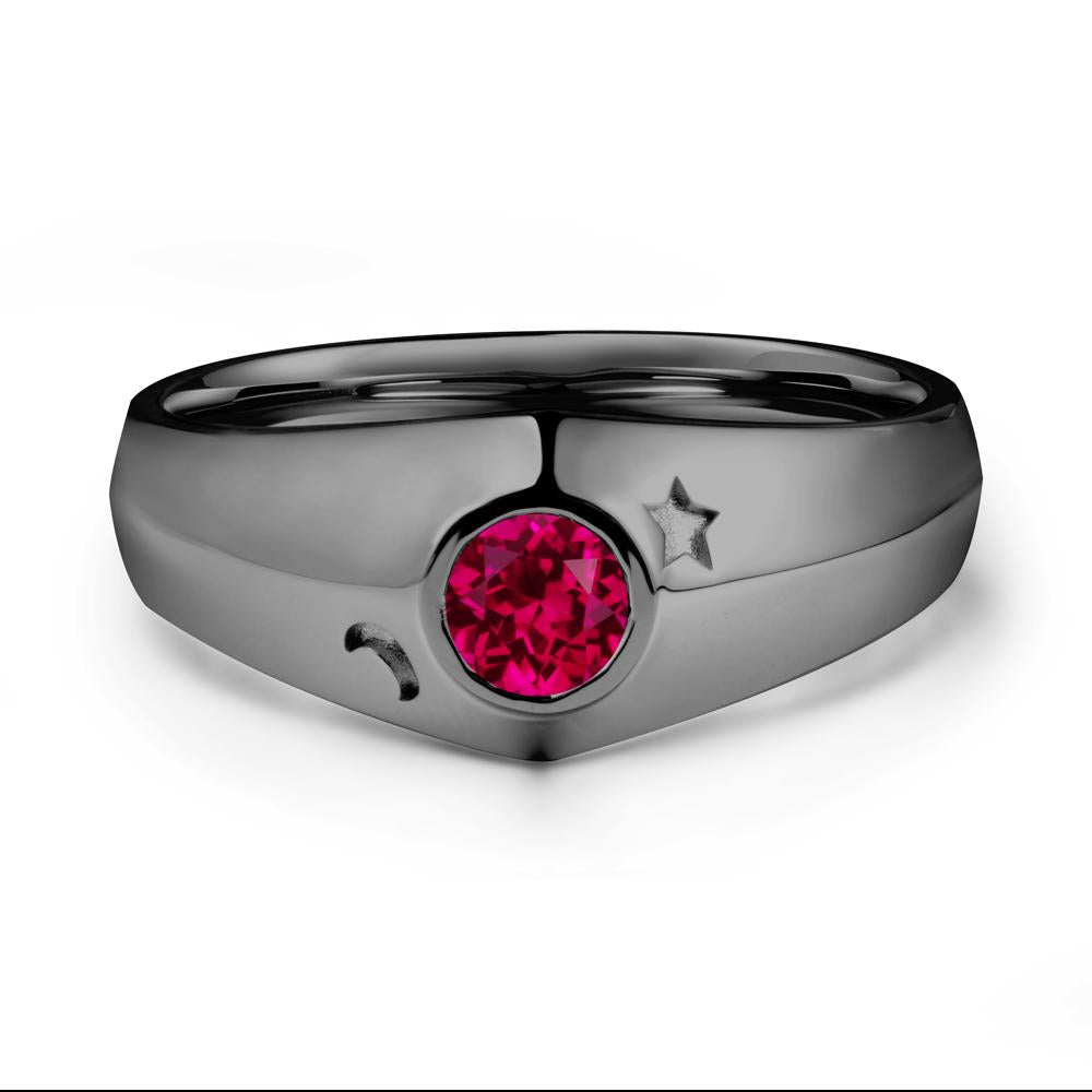 Crescent Moon and Star Bezel Set Ruby Man Ring - LUO Jewelry #metal_black finish sterling silver