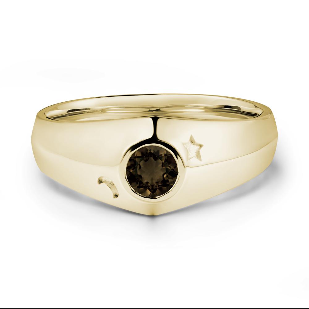 Bezel Setting Round Smoky Quartz Man Ring - LUO Jewelry #metal_14k yellow gold