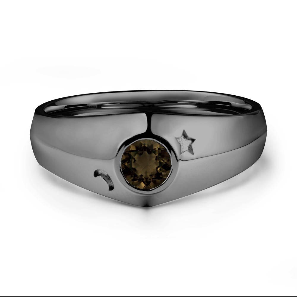 Bezel Setting Round Smoky Quartz Man Ring - LUO Jewelry #metal_black finish sterling silver