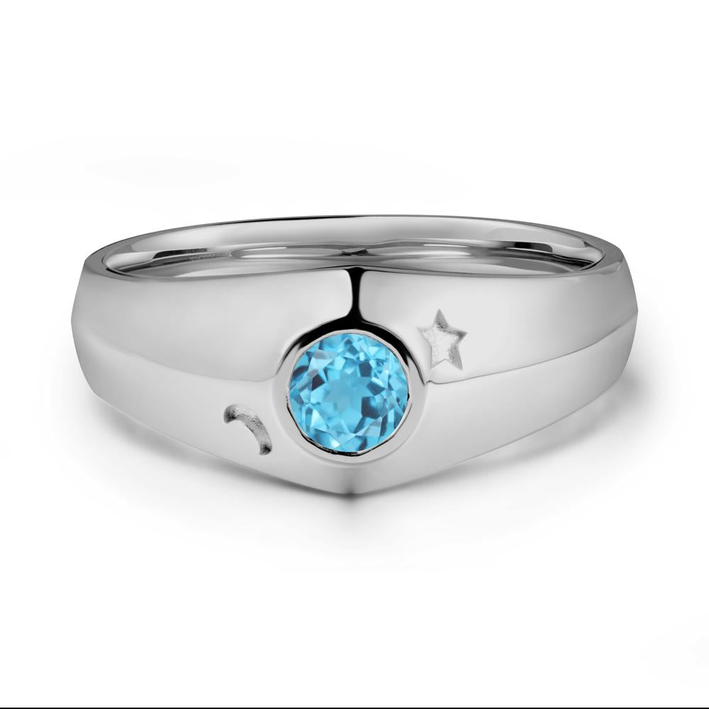 Crescent Moon and Star Bezel Set Swiss Blue Topaz Man Ring - LUO Jewelry #metal_platinum