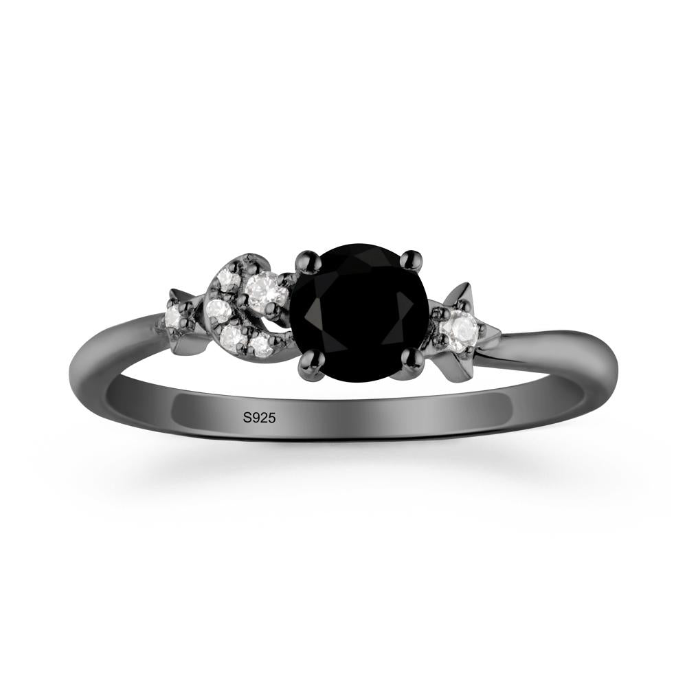 Round Black Spinel Ring with Moon and Pentacle - LUO Jewelry #metal_black finish sterling silver