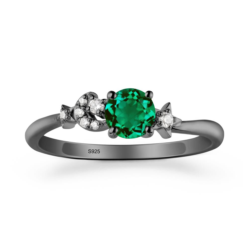 Round Emerald Ring with Moon and Pentacle - LUO Jewelry #metal_black finish sterling silver