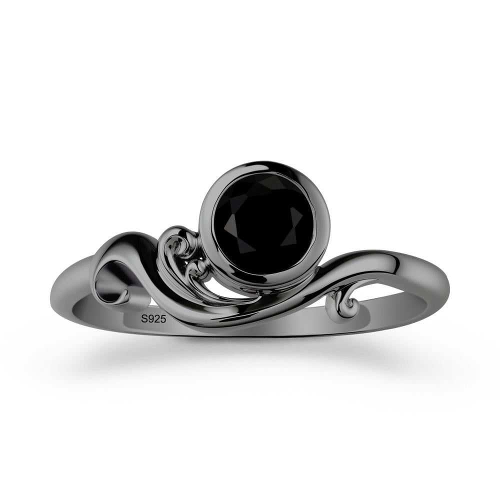 Bezel Setting Round Black Spinel Wave Ring - LUO Jewelry #metal_black finish sterling silver
